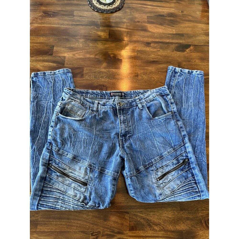South Pole Jeans Mens 38x32 Blue Acid Wash Cargo Moto Wash Out Faded Skinny